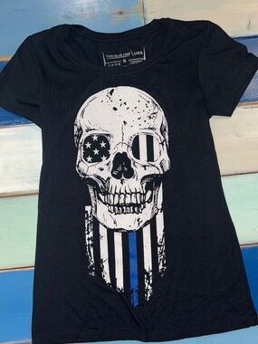 Thin Blue Line USA Skull Flag Graphic T-Shirt Women's Small Black